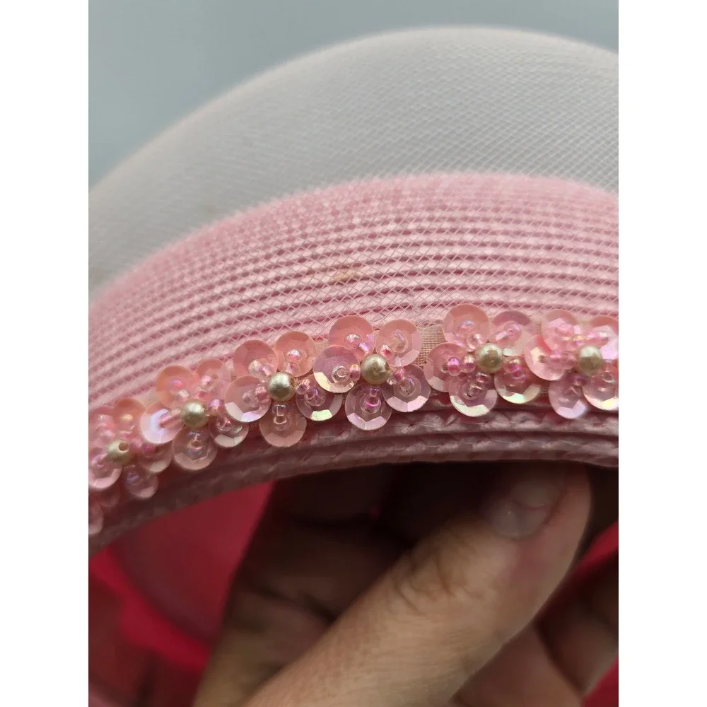 Mr Hi's Classic Pillbox Hat Womens OS Pink Good Sequin Lace Floral Church‎ Derby